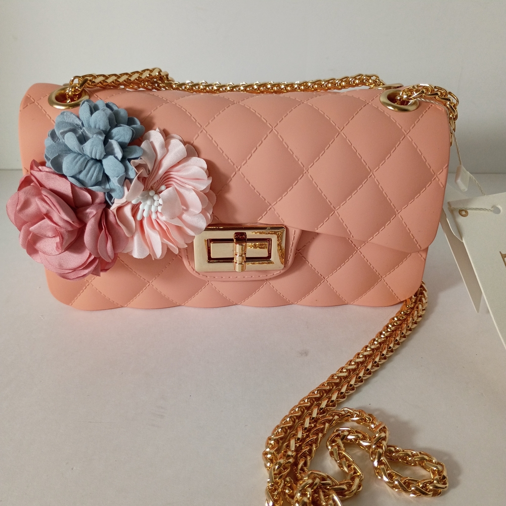 Le Miel Quilted Peach 3D Floral Chain Shoulder Bag